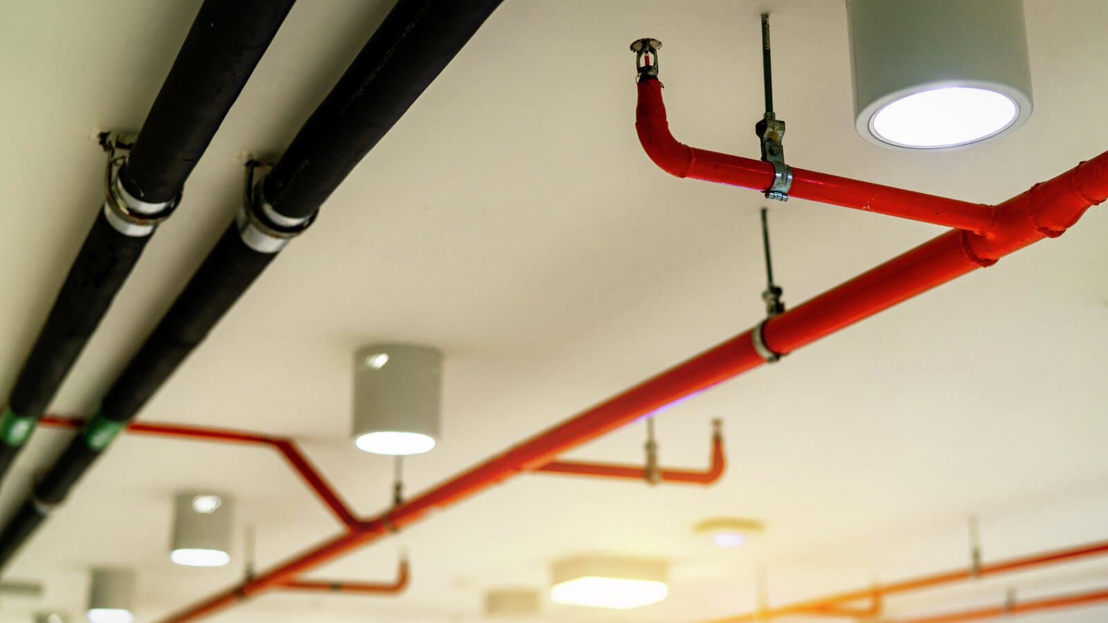 Røde sprinklerrør og et sprinklerhode montert under taket